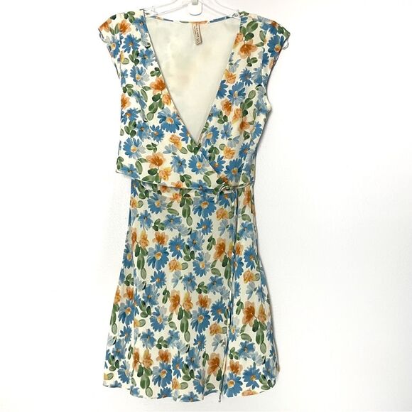 Bec & Bridge Blue La Jolie Floral Wrap Silk Mini Dress - 4 - Picture 1 of 6